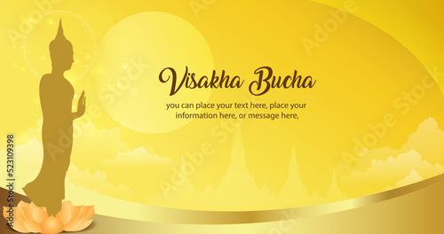 Buddha statue standing on a yellow gold vector illustration background - Magha Puja, Asanha Puja, Vesak Puja Day, Thailand culture