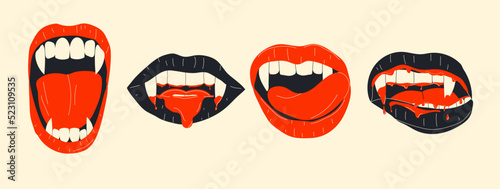 Vampire mouth with fangs set. Closed, open female red lips with long pointed canine teeth and bloody saliva express different emotions isolated on background Cartoon vector illustration, clip art