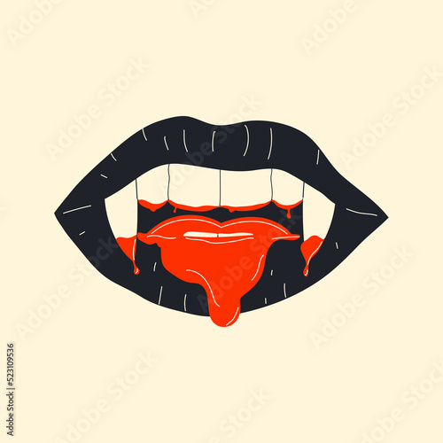Vampire mouth with fangs . Closed, open female red lips with long pointed canine teeth and bloody saliva express different emotions isolated on background Cartoon vector illustration, clip art