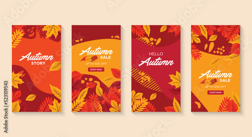 Set of autumn social media stories template. Colorful banners with autumn illustrations.