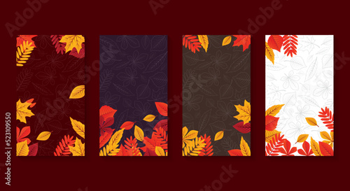 Set of Autumn backgrounds with leaves and frame leaflet or web banner and social media.