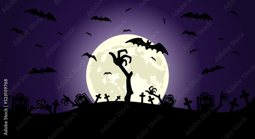 zombie hand in front of full moon with scary illustrated elements for Halloween background layouts