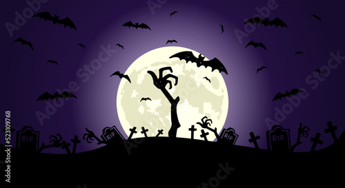 zombie hand in front of full moon with scary illustrated elements for Halloween background layouts