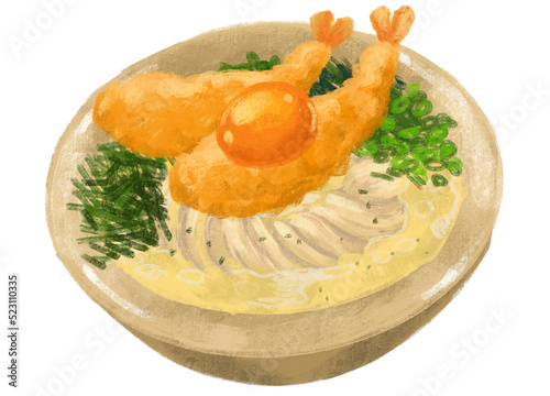 Japanese udon noodle shrimp tempura with seaweed and scallion illustration hand painting photo