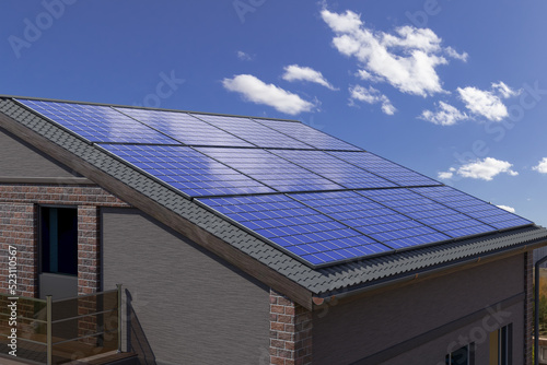 Solar panel on the roof of a modern house. A source of clean and cheap energy. 3d illustration. Modern technologies.
