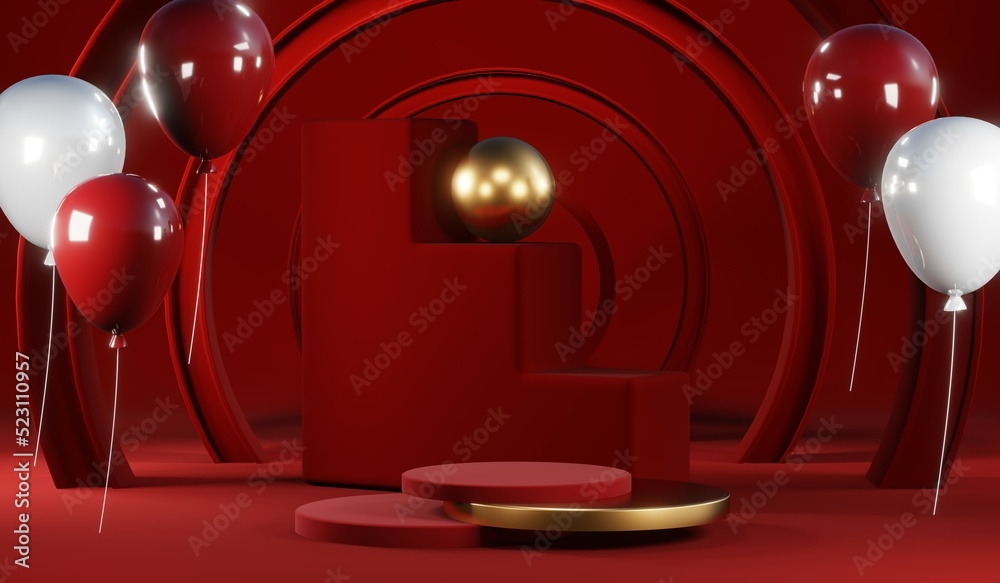 Obraz premium 3D rendering of blank product background for cream cosmetics Modern red podium background