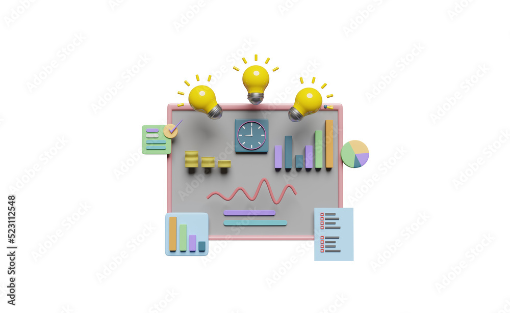 charts graph with yellow light bulb, analysis business financial data, check list isolated. online marketing business, tip and idea, strategy concept, 3d illustration, 3d render