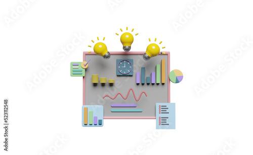 charts graph with yellow light bulb  analysis business financial data  check list isolated. online marketing business  tip and idea  strategy concept  3d illustration  3d render