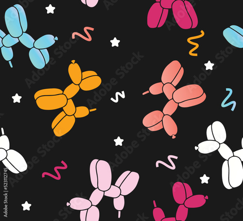 cute Dog balloon twist cartoon Multicolor withe Confetti Background Seamless Pattern