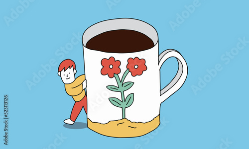 マグカップに入ったコーヒーで一休みする男性のイラスト