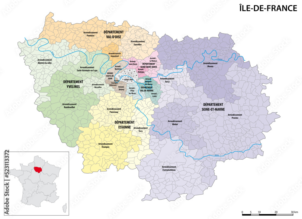 Detailed administrative map of the Ile-de-France region, France