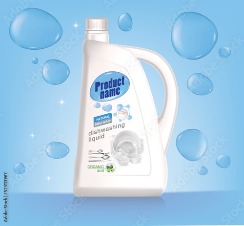 Dish wash soap ads. Realistic plastic dishwashing packaging with label design. Liquid wash soap with clean dishes and water splash. 3d vector illustration
