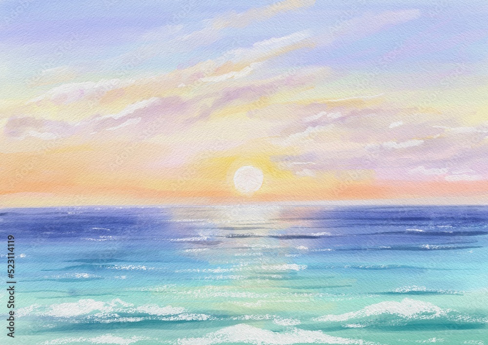 Sunset over the sea. Seascape illustration.