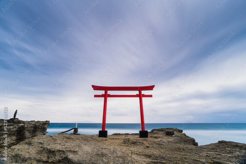 Long exposure shot of Shirahama shrine torii gate over the sea and sky, Shizuoka Prefecture, Japan