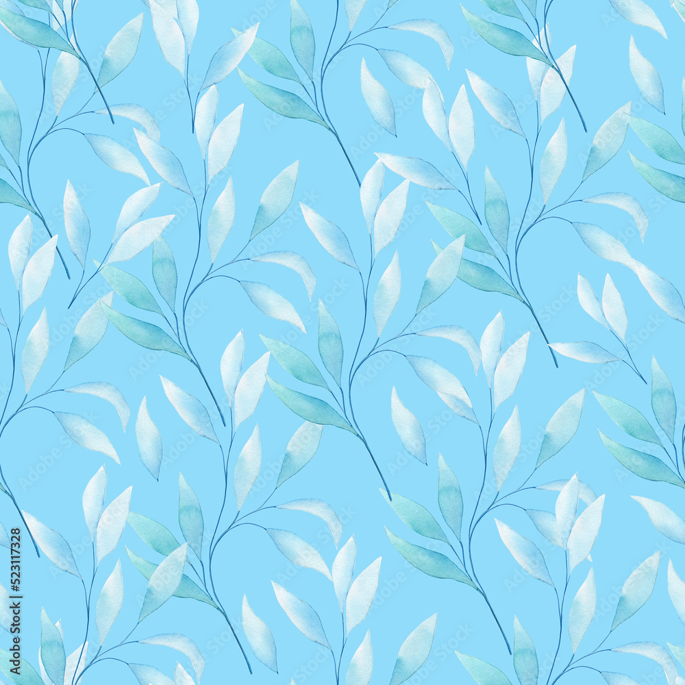 Transparent eucalyptus leaves seamless watercolor pattern. Hand drawn illustration of twigs on isolated background. Endless background for fabric and wallpaper. Transparent eucalyptus leaves seamless watercolor pattern. Hand drawn illustration of twigs on isolated background. Endless background for fabric and wallpaper.