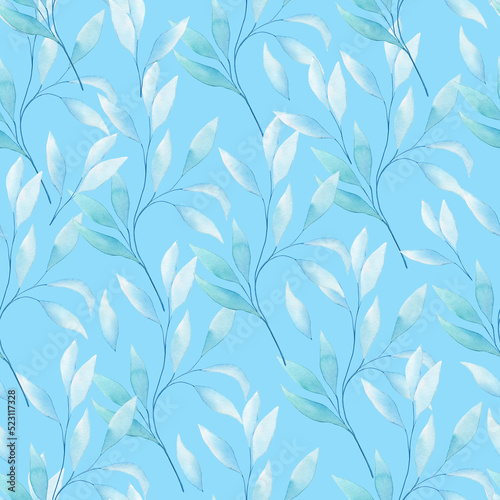 Transparent eucalyptus leaves seamless watercolor pattern. Hand drawn illustration of twigs on isolated background. Endless background for fabric and wallpaper.