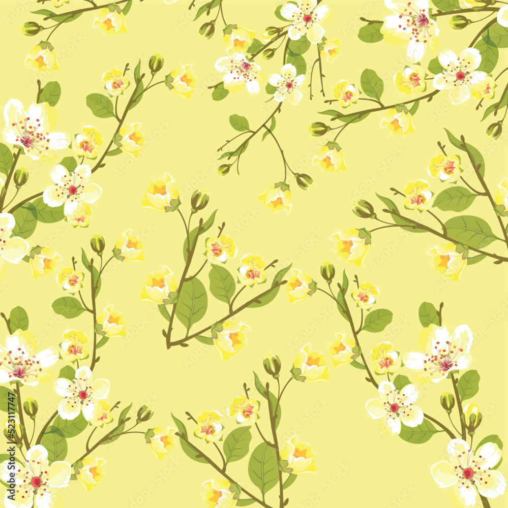 Elegant seamless pattern yellow canola flowers. Botanical design for printing. Endless repeatable floral backdrop on yellow background. Hand drawn detailed vector illustration
