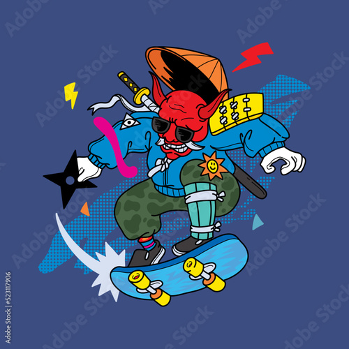Vector illustration oni ninja playing skateboard