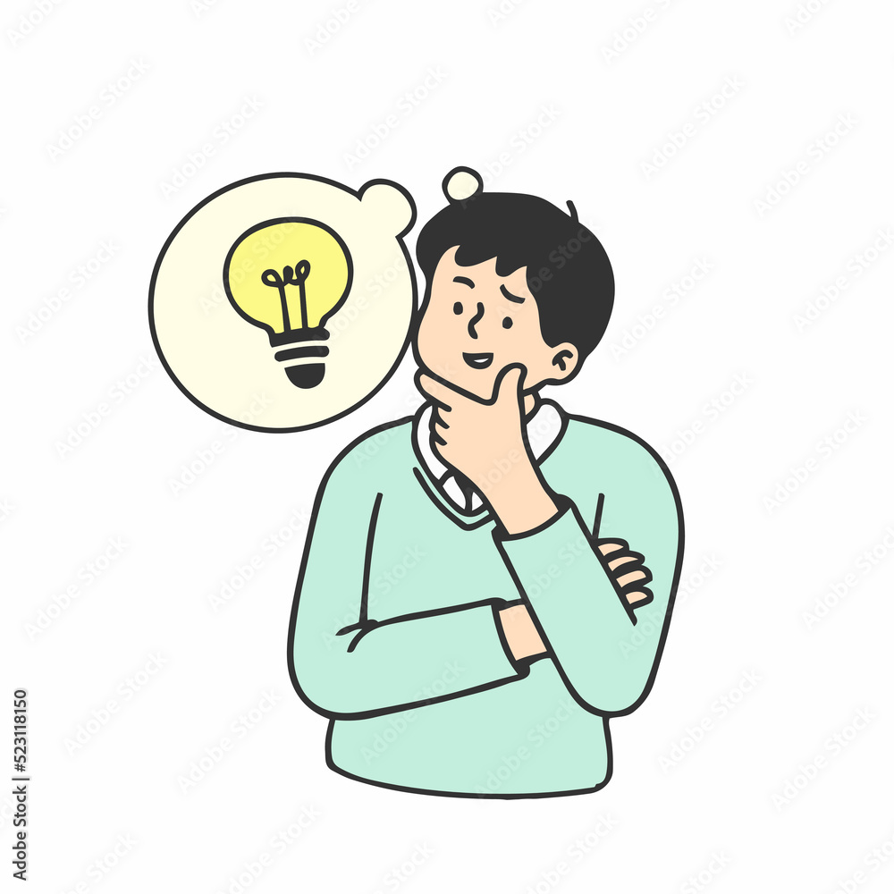 A man thinking good ideas. hand drawn style vector doodle design illustration.
