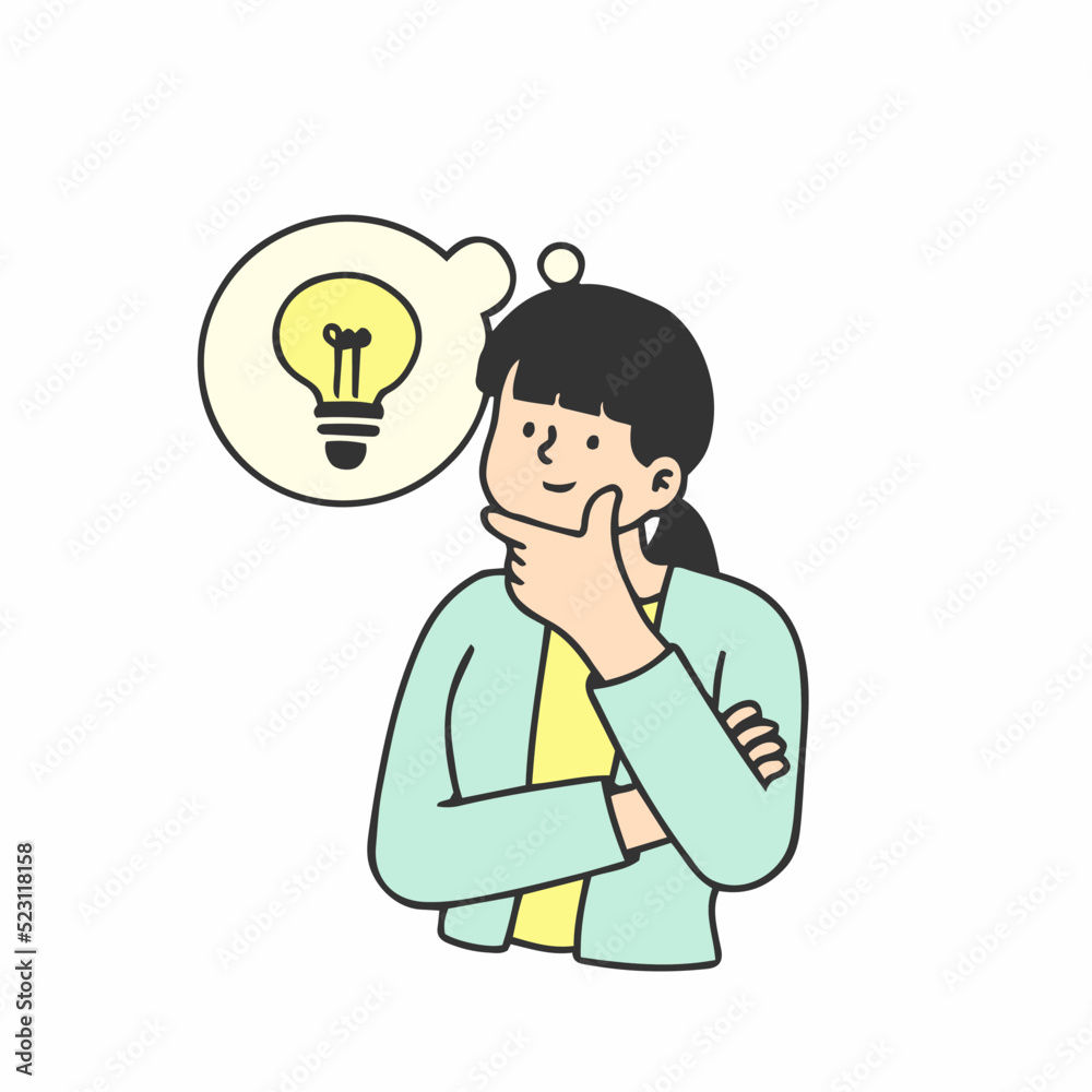 A woman thinking good ideas. hand drawn style vector doodle design illustration.