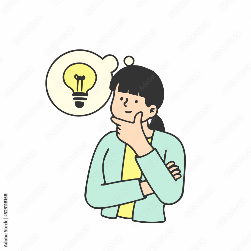 A woman thinking good ideas. hand drawn style vector doodle design illustration. A woman thinking good ideas. hand drawn style vector doodle design illustration.