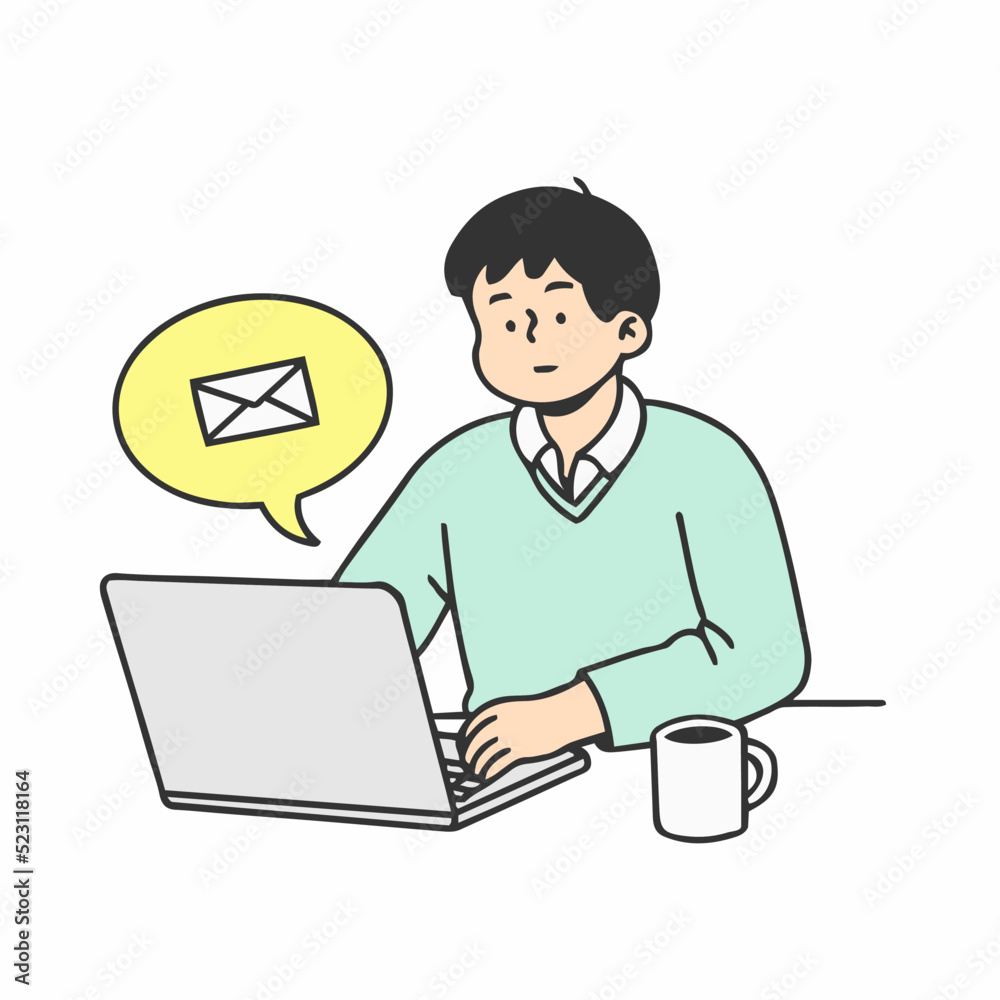 Man using computer to send emails. Concept of work from home or online meeting. Hand drawn style vector doodle design illustration. Man using computer to send emails. Concept of work from home or online meeting. Hand drawn style vector doodle design illustration.