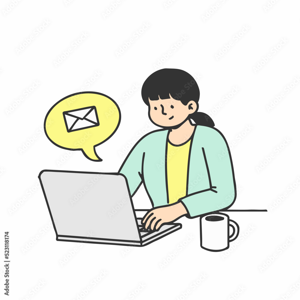 Woman using computer to send emails. Concept of work from home or online meeting.  Hand drawn style vector doodle design illustration.