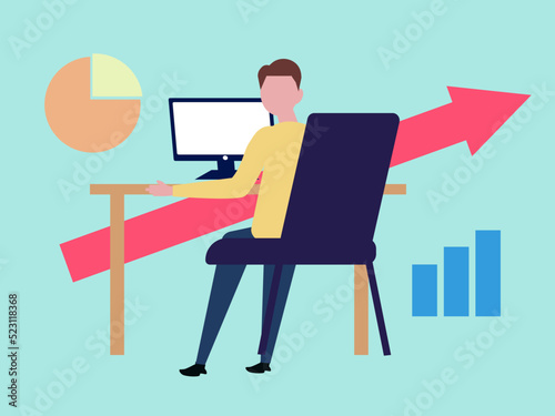 Man looking at graph on PC. Analysis graph and diagram. Vector illustration