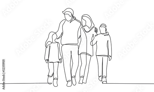 Happy Family Continuous Line Drawing. Peoples Silhouette Black Sketch on White Background. Line Art Drawing of Happy Family. Vector Illustration.