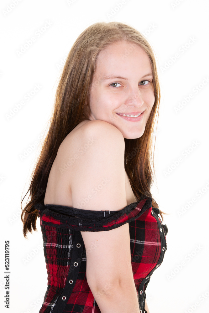 Young beautiful brunette sexy woman in white background smile happy face looking the camera Young beautiful brunette sexy woman in white background smile happy face looking the camera