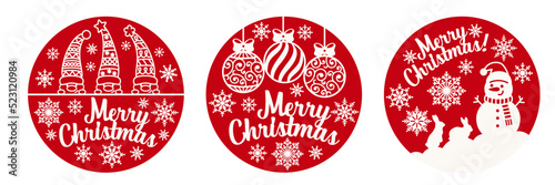 Merry Christmas round sign with gnome and snoman. Isolated vector on red background. Door hanger, winter poster, quote for print, Xmas greeting card,door hanger, label, tag