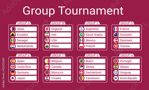FIFA World Cup. World Cup 2022. Match schedule template. Football results table, group tournament, flags of world countries. Vector illustration
