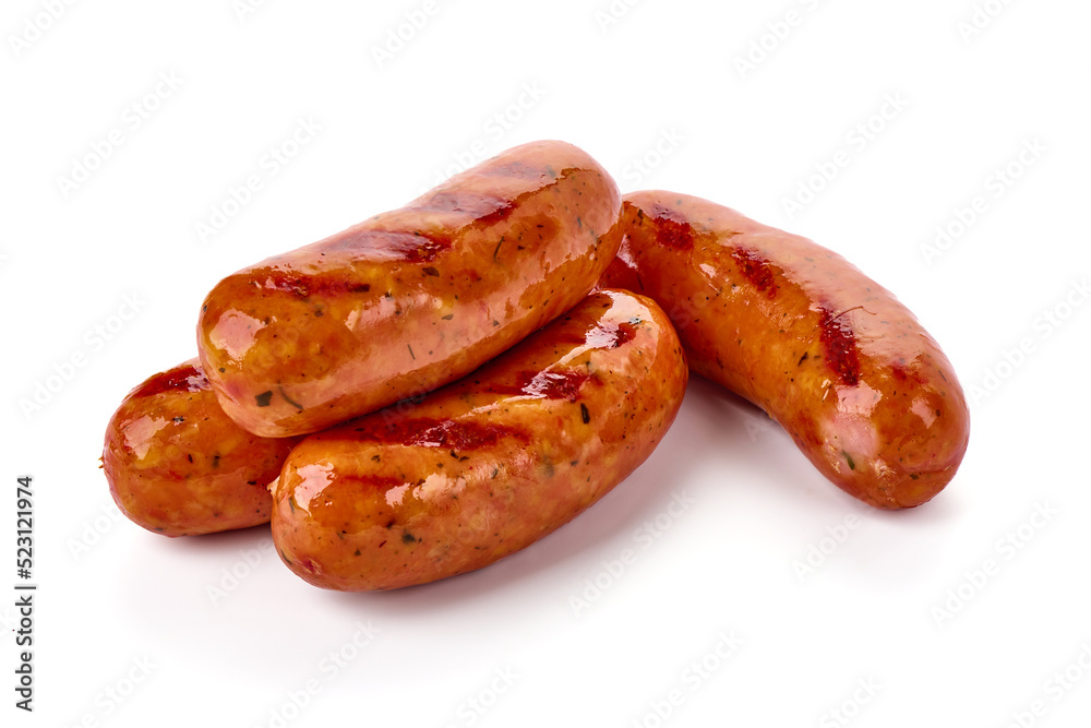 Grilled pork bangers, cooked sausages bbq, isolated on white background. Grilled pork bangers, cooked sausages bbq, isolated on white background.