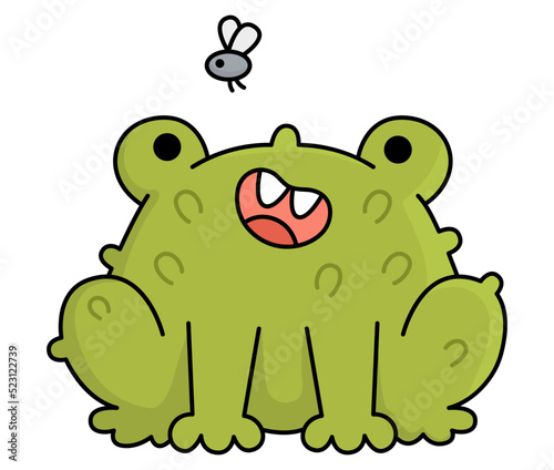 Vector kawaii green toad with fly. Cute smiling Halloween character for kids. Funny autumn all saints day cartoon animal illustration. Samhain party frog icon for children.