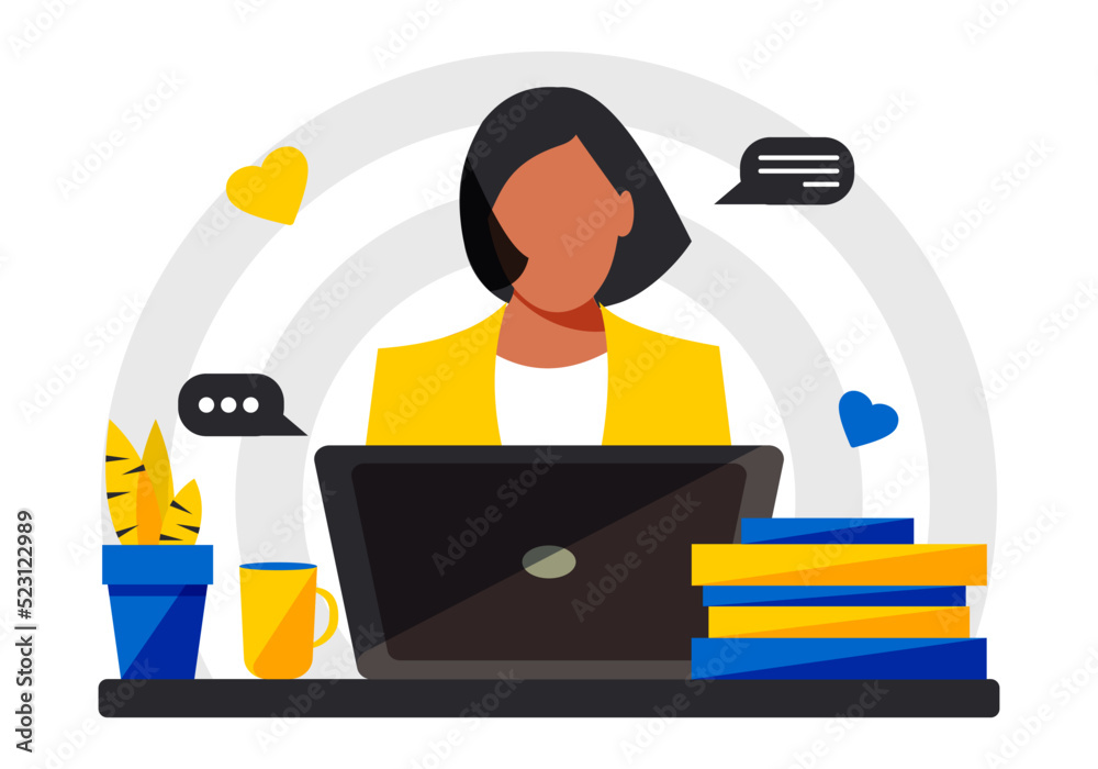 Stylish woman at the table with a laptop. Online education concept in blue and yellow colors flat style. Freelancer remote work. Vector.