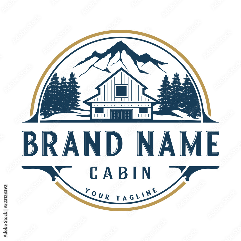 wooden house vintage logo design. cabin concept, mountain and pine forest