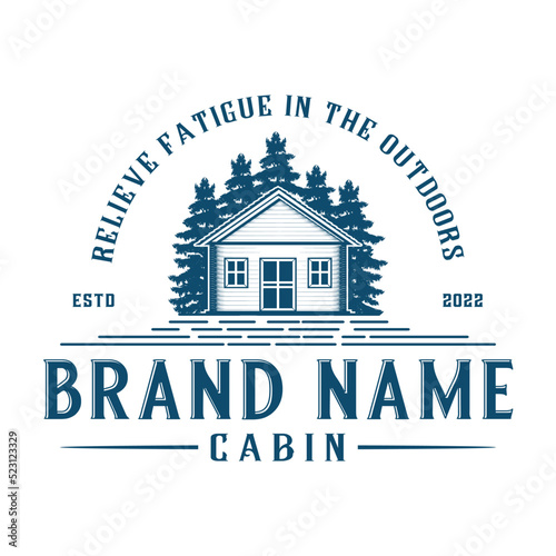 cabin vector logo. wooden house concept surrounded by pine trees an mountain
