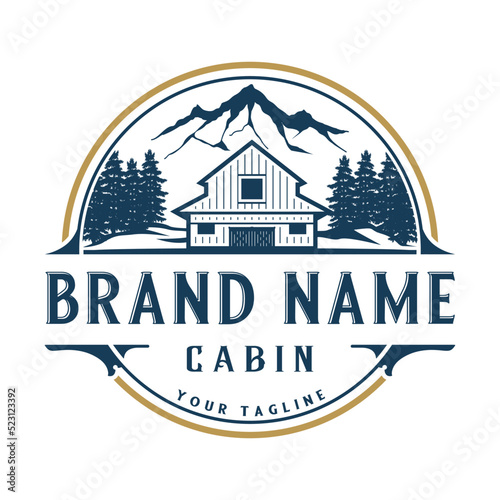 wooden house vintage logo design. cabin concept, mountain and pine forest