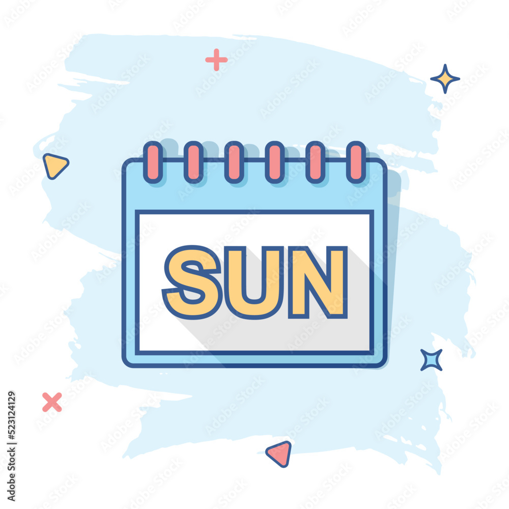 Obraz premium Vector cartoon sunday calendar page icon in comic style. Calendar sign illustration pictogram. Sunday agenda business splash effect concept.