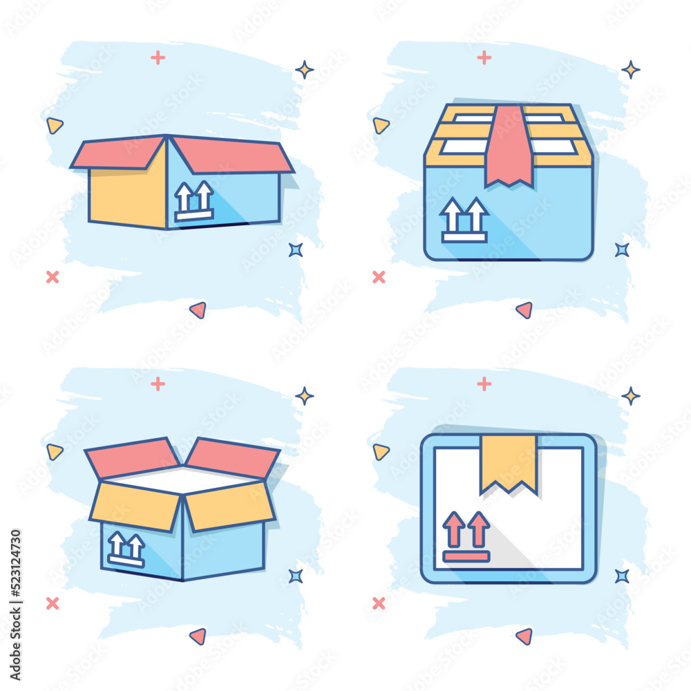 Obraz premium Vector cartoon set of packaging box icon in comic style. Shipping pack sign illustration pictogram. Box business splash effect concept.