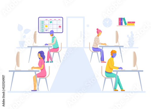 flat vector illustration isolated on white background, people work on computers in the office, teamwork or workflow
