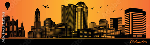 Columbus city skyline silhouette - illustration, 
Town in orange background photo