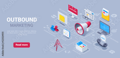 isometric vector illustration on black background, outbound marketing landing page, loudspeaker icon next to tv and billboard as well as telephone receiver and newspaper