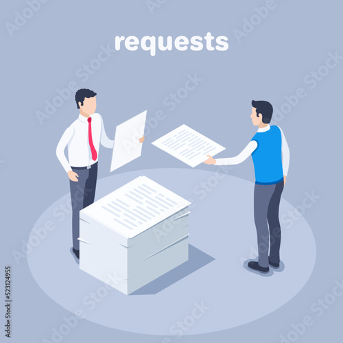 isometric vector illustration on a gray background, men in business clothes near a stack of paper requests, acceptance of requests or documents photo