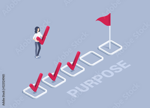 isometric vector illustration on a gray background, a woman in business clothes with a check mark goes to a row of checkboxes with a flag, achieving a goal and purpose