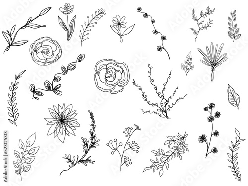 Oneline vector black herbs and flowers. Flat decorative oneline herbs and wildflowers set isolated on white background. Designed for wedding, birthday, invitation cards.
