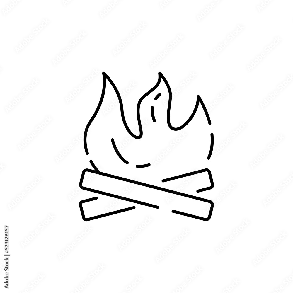 Camping, hiking, wilderness, adventure, travel and picnic and more, thin line icon, vector illustration. Autumn or spring and summer season. Make fire with wood Camping, hiking, wilderness, adventure, travel and picnic and more, thin line icon, vector illustration. Autumn or spring and summer season. Make fire with wood