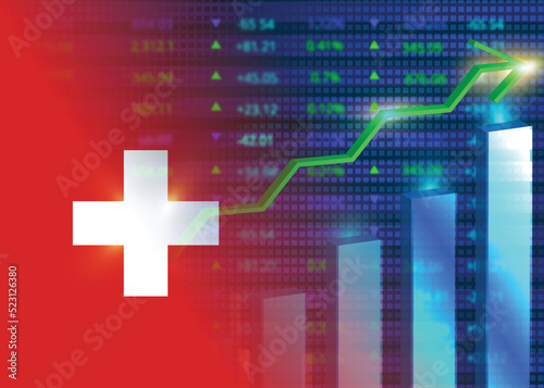 Economic growth in Switzerland.Switzerland's stock market.Switzerland flag with charts,growth arrow
