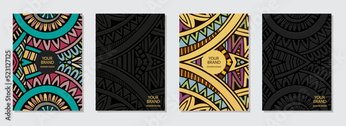 Set of color and black covers, vertical templates. Collection of relief backgrounds with a 3D pattern, geometric ethnic texture. Ornamental fantasy of the East, Asia, India, Mexico, Aztecs, Peru.