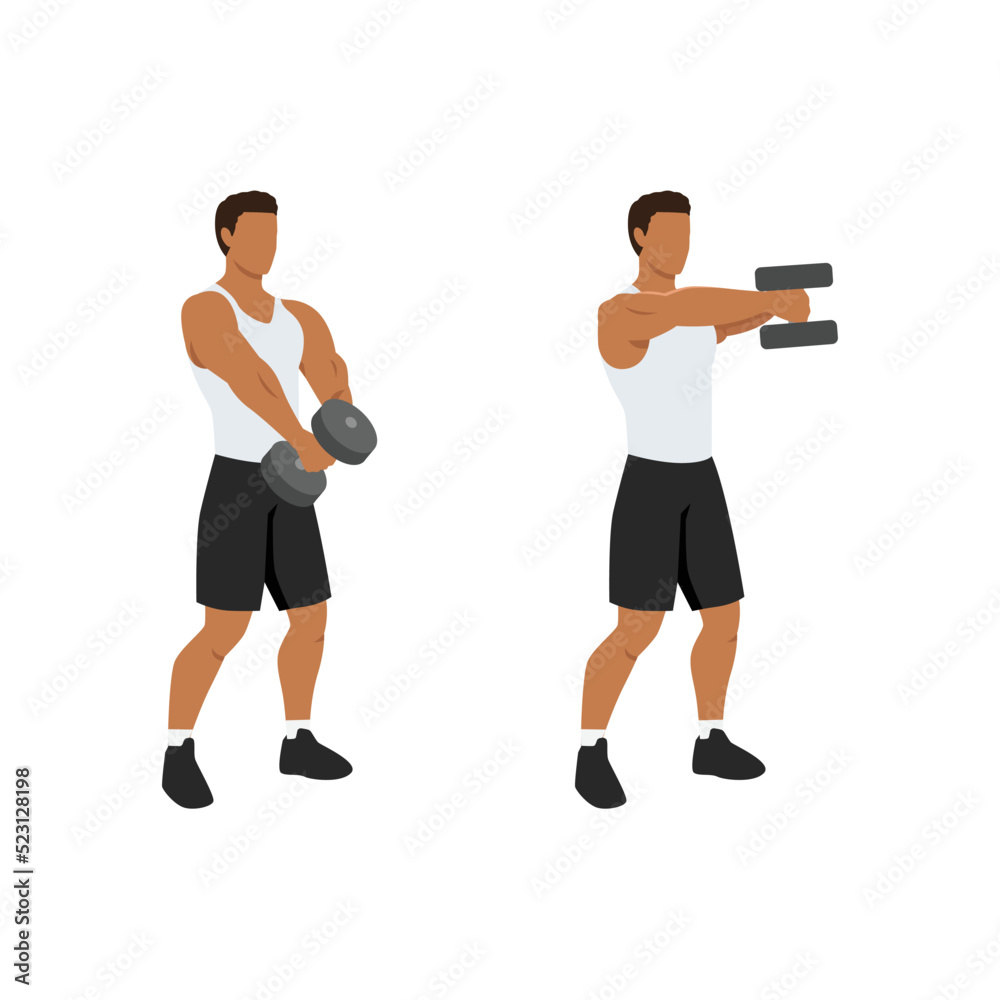 Man doing Two handed dumbbell front raise exercise. Flat vector illustration isolated on white background Man doing Two handed dumbbell front raise exercise. Flat vector illustration isolated on white background